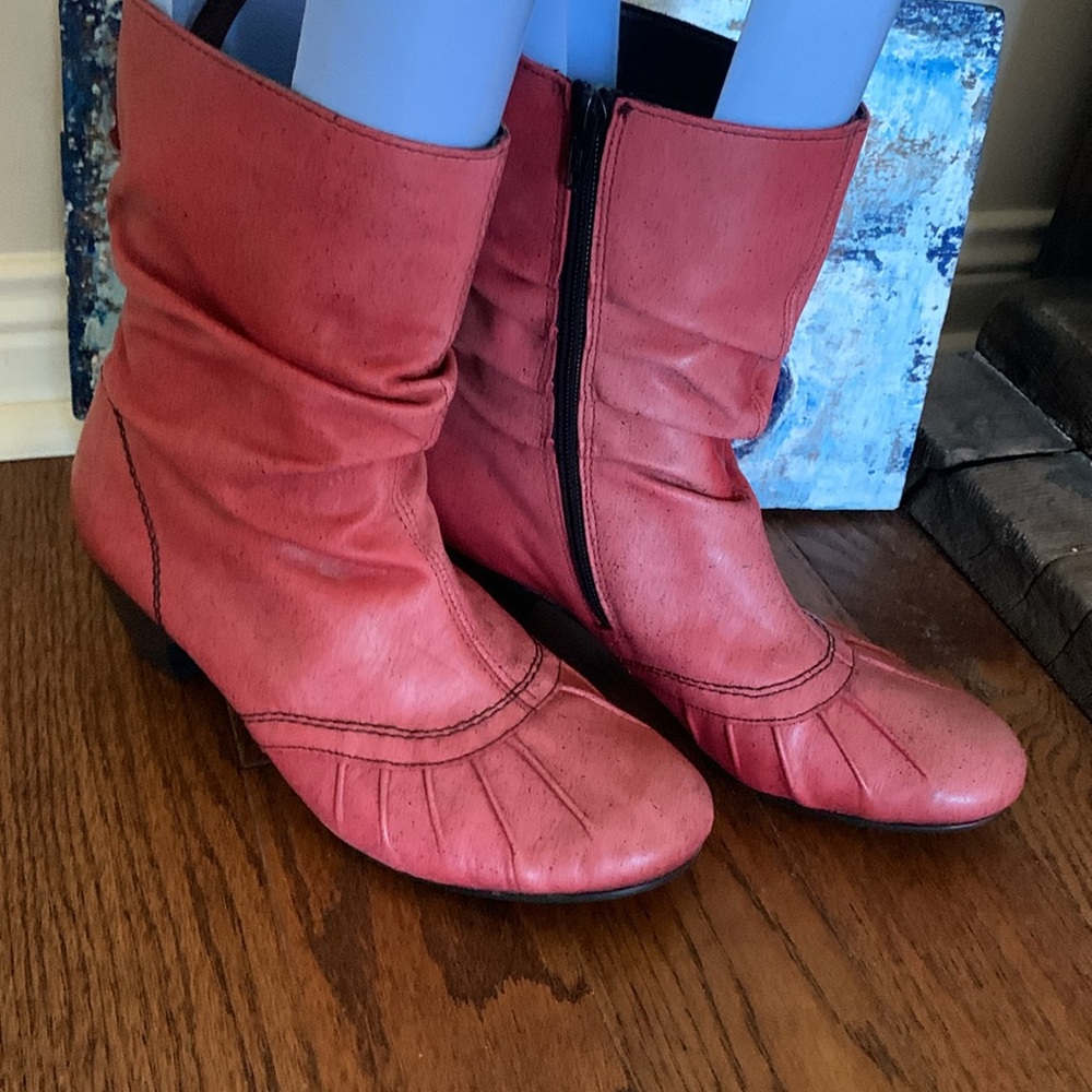 Rieker Speckled Ombré RED Ruched leather Ankle Boots Side Zip Sz 36